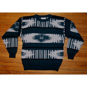 Vintage 80s Saturdays Sweater Mens L Teal Black Ivory Crewneck Geometric Modern